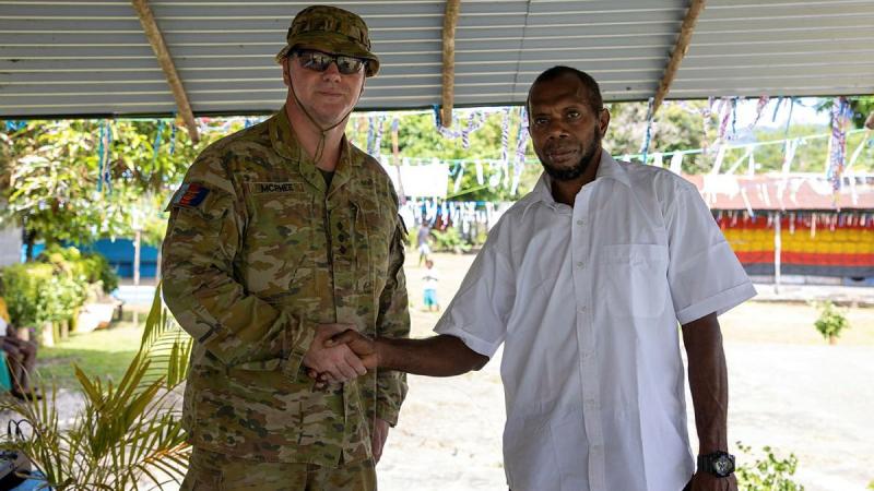 Captain Tim McPhee with Windua Church Elder Berne Kambai at the Lorlow youth convention, Photo: Corporal Olivia Cameron