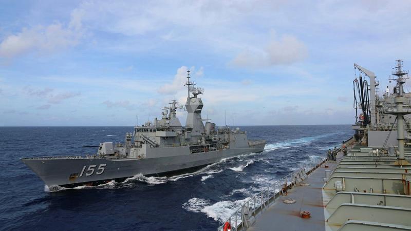 HMA Ships Ballarat and Sirius conduct a replenishment-at-sea in the Karimata Strait.