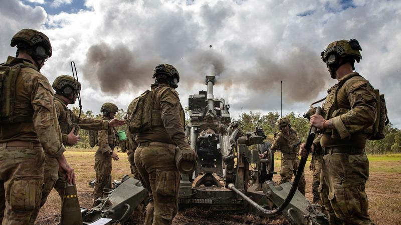 Soldiers from the 104th Battery of the 1st Regiment, Royal Australian Artillery, fire an M777 155mm Howitzer during Exercise Barce 2021 at the Shoalwater Bay Training Area. Photo: Corporal Nicole Dorrett