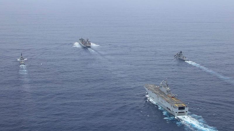 HMA Ships Anzac and Sirius sail in-company with French Navy ships FS Tonnerre and FS Surcouf of the Jeanne d'Arc Task Group during a transit of the South China Sea. Photo: Leading Seaman Sam Greenland