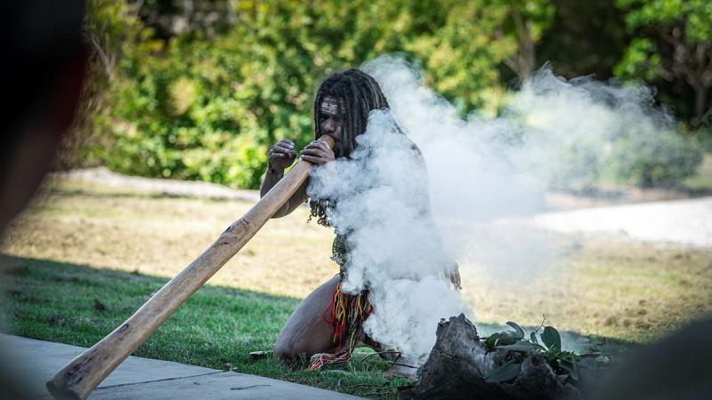 Indigenous representative of the Yuggara and Chepara people Derek Sandy performs a smoking ceremony at Gallipoli Barracks, Brisbane. Photo: Private Jacob Hilton 