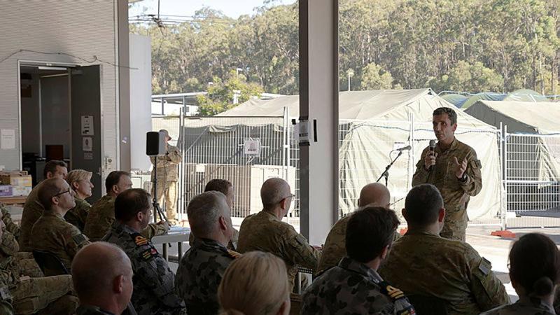 Commander Headquarters 1 Division and Deployable Joint Force Headquarters Major General Jake Ellwood addresses personnel at Exercise Polygon Wood.