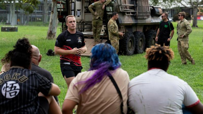 Major Matthew Daniell, from the 2nd Cavalry Regiment, briefs participants of the Proud Warrior youth engagement program at Lavarack Barracks. Photo: Corporal Brandon Grey