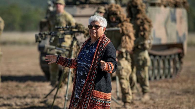 Darumbal Elder Aunty Nicky Hatfield gives a Welcome to Country to soldiers of the 6th Battalion, Royal Australian Regiment, before Exercise Diamond Walk at Shoalwater Bay, Queensland. Photo: Private Jacob Hilton