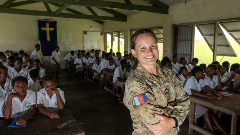 Remote Installation Commander Lieutenant Amy Rowlings visits Windua High School in South West Bay. Photo: Corporal Olivia Cameron