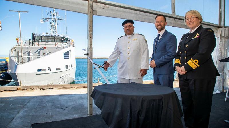 Commanding Officer Superintendent Tom Redfern cuts the ribbon for RKS Teanoai II accompanied by Stirling MP Vince Connelly and Navy’s Head of Maritime Systems Rear Admiral Wendy Malcolm. Photo: Leading Seaman Richard Cordell