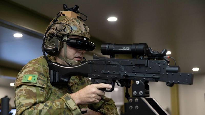 Private Shaun Causer, of the 5th Battalion, Royal Australian Regiment, operates a simulated MAG 58 machine gun as part of convoy simulation training with the Protected Mobility Tactical Trainer at Robertson Barracks. Photo: Corporal Rodrigo Villablanca