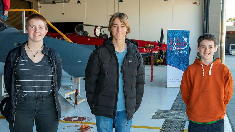 Larni-Mai Ramsell, left, Luke Roecker and Heath Caldwell, from Albany, Western Australia, are provided a behind-the-scenes tour of RAAF Base Pearce. Photo: Sergeant Gary Dixon