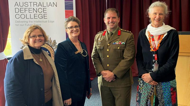 Anne Goyne, left, Major Cate Carter, Colonel Richard Barrett and Kathryn Brimblecombe-Fox launch the Arts@ADC program at the Australian Defence College in Canberra.