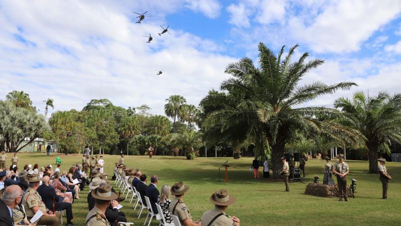 Army soldiers past and present of those killed and several personnel injured in the 1996 Black Hawk helicopter training accident for a commemorative service in Townsville to mark the accident’s 25th anniversary. Photo: Trapper Lisa Sherman