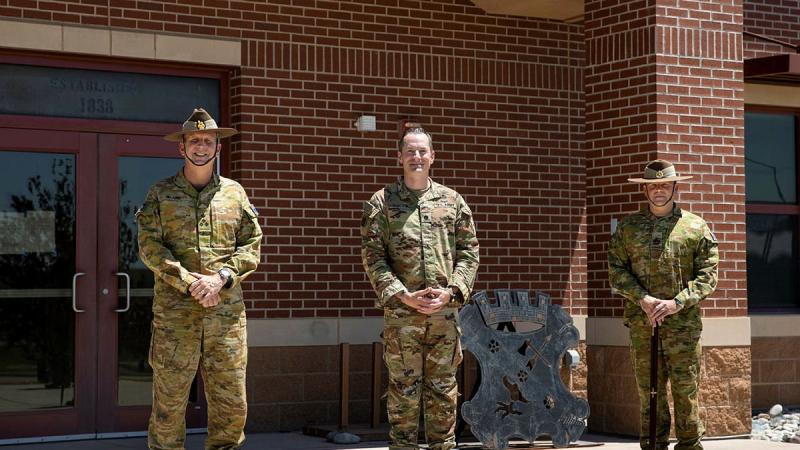 Lieutenant Colonel Drew Rhodes, centre, with Brigadier Jason Blain, left, and Warrant Officer Class One Matthew Bold at Fort Carson, Colorado Springs. Photo: Corporal Nicole Dorrett
