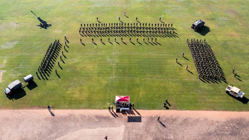 Members of the Japan Ground Self-Defense Force, United States Marine Corps and the Australian Army take part in the opening ceremony of Exercise Southern Jackaroo at Robertson Barracks. Photo: Corporal Rodrigo Villablanca 
