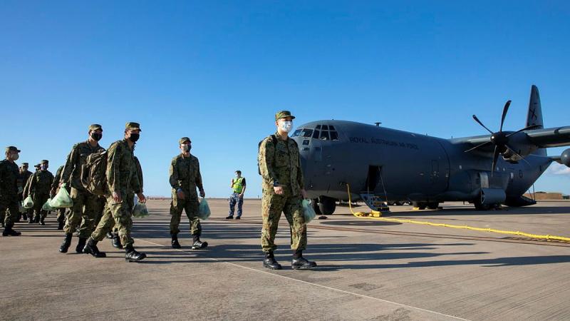 Soldiers from the Japan Ground Self-Defense Force arrive at RAAF Base Darwin. Photo: Leading Seaman Shane Cameron