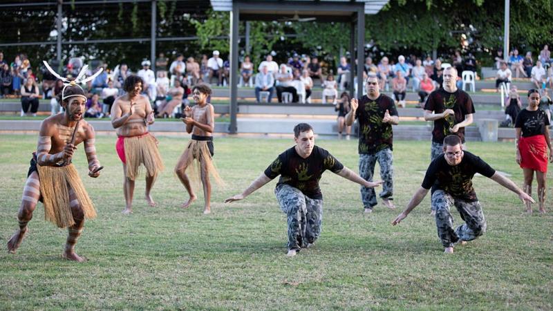 Navy Indigenous Development Program graduates perform a cultural dance with the Buri Guman Aboriginal Dance Group during their graduation in Cairns. Photo: Petty Officer Bradley Darvill