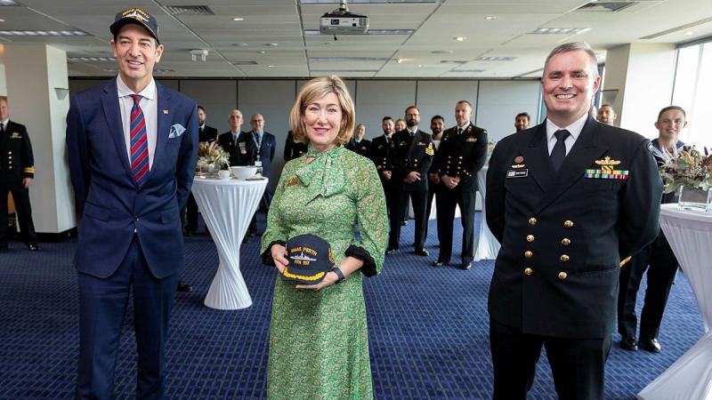Lord Mayor of Perth Basil Zempilas, left, City of Perth CEO Michelle Reynolds and Commanding Officer HMAS Perth Commander Anthony Nagle at Council House in Perth. Photo: Leading Seaman Ronnie Baltoft
