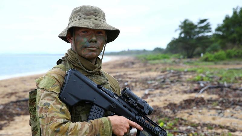 Australian Army soldier and cargo specialist Private Harry Ramsay stands at Cowley Beach, Queensland, during Exercise Sea Explorer. Photo: Warrant Officer Class 2 Max Bree