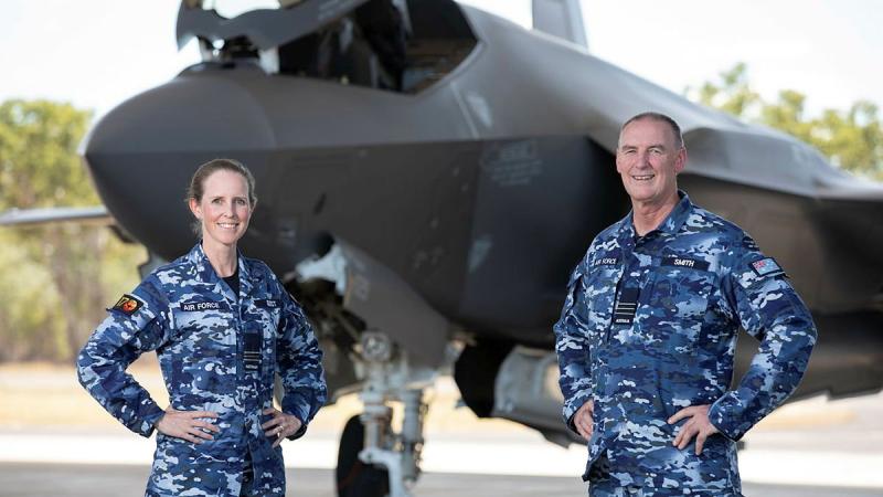 Senior Australian Defence Force Officer of RAAF Base Tindal Wing Commander Shane Smith, right, with Air Base Executive Officer, Squadron Leader Lauren Guest and the F-35A Lightning II at Tindal. Photo: Leading Aircraftman Stewart Gould