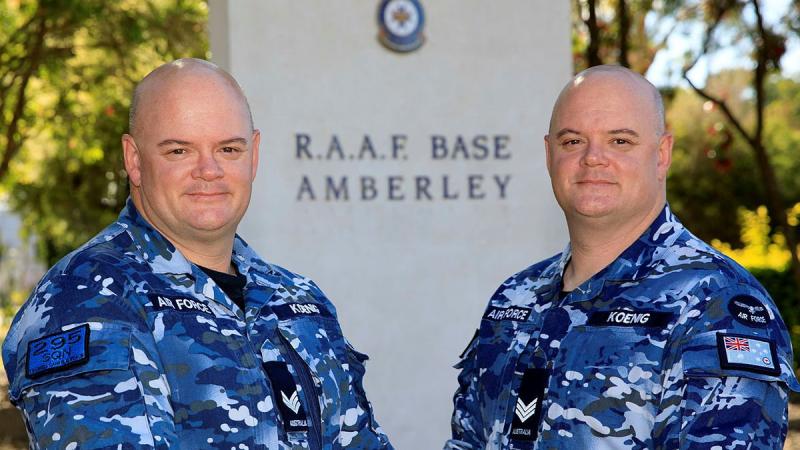  Sergeant Ron Koenig, left, from No. 285 Squadron with his twin brother Sergeant Greg Koenig from Heavy Air Lift Systems Program Office. Photo: Corporal Brett Sherriff