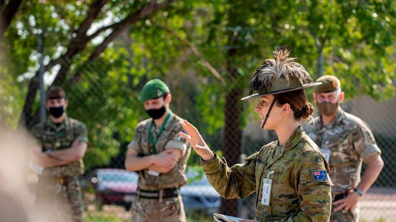 Captain Charlotte Hargreaves, of the 7th Combat Brigade, gives orders to members from the Australian Army, US Army and Canadian Armed Forces during the Joint Warfighting Assessment 2021 at Fort Carson, Colorado. Photo: Corporal Nicole Dorrett