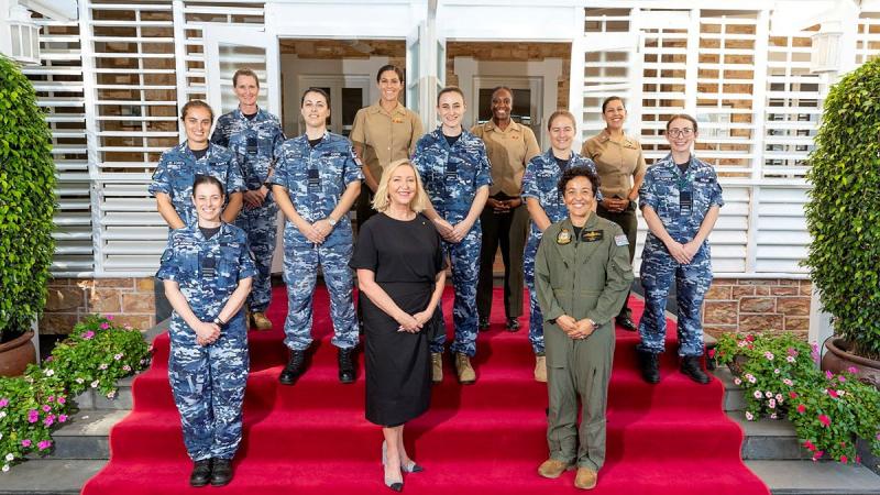 Administrator of the Northern Territory Vicki O'Halloran, front, centre, with Exercise Arnhem Thunder 21 participants and members of Marine Rotational Force – Darwin at Government House in Darwin. Photo: Leading Aircraftman Stewart Gould