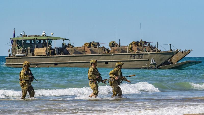 Australian Army soldiers, of 2nd Batallion, the Royal Australian Regiment, approach Langham Beach, Queensland, during Talisman Sabre 2019. Photo: Sergeant 1st Class Whitney C. Houston