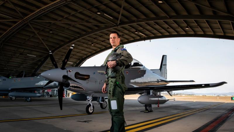 Australian Army pilot Captain David Fileman, of No. 4 Squadron, with a PC-21 aircraft during TS21 at RAAF Base Townsville. Photo: Leading Aircraftwoman Emma Schwenke