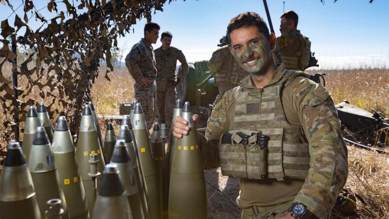 Australian Army Gunner Jesse Lane from the 4th Regt, RAA, with the 155mm M777 Howitzer ammunition at Shoalwater Bay Training Area, QLD, during TS21. Photo: Corporal Jarrod McAneney