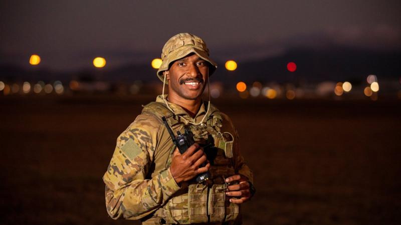 Leading Aircraftman Matthew Pearson, Airfield Defence Guard from No. 1 Security Force, on the flight line at RAAF Base Townsville, during Exercise Talisman Sabre 2021. Photo: LACW Emma Schwenke