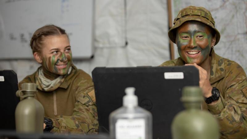 Australian Army soldier Corporal Rhian Mears (right) from Headquarters 3rd Brigade is deployed as a command support clerk to Townsville field training area, Queensland, during Exercise Talisman Sabre 2021. Photo: Corporal Brandon Grey