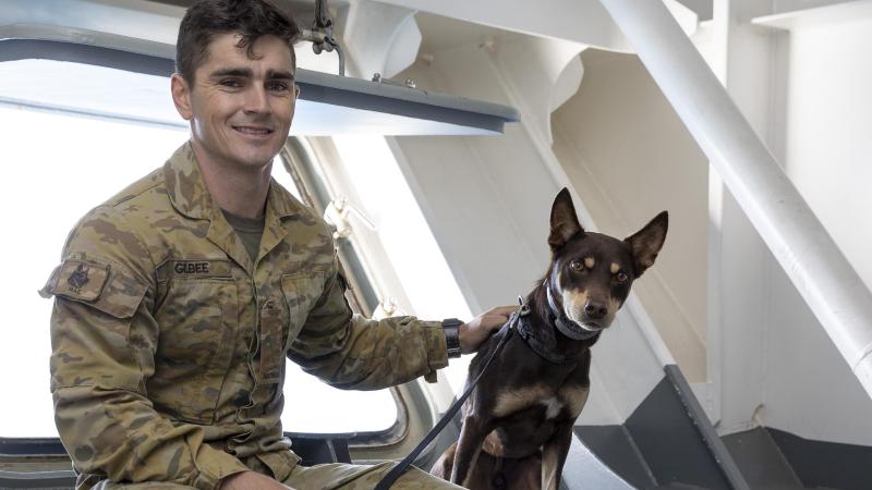 Australian Army Soldier Sapper Dalton Gilbee and Explosives Detection Dog Archie from 3rd Combat Engineering Regiment onboard HMAS Canberra, during Exercise Talisman Sabre 2021. Photo:  Leading Seaman Imagery Specialist Nadav Harel