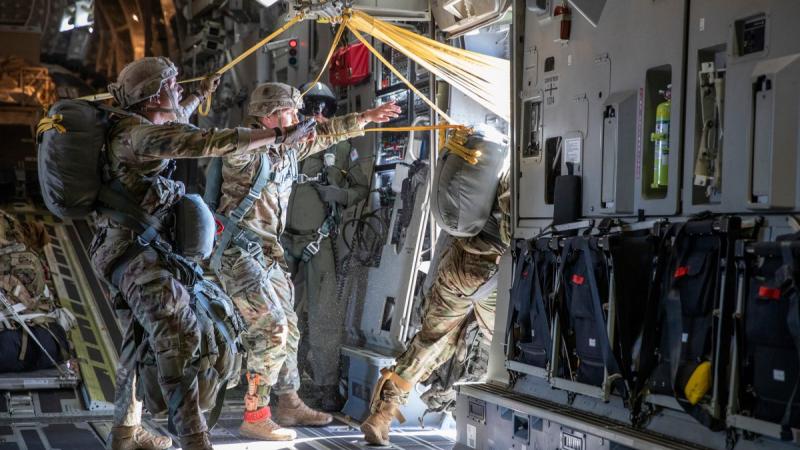 Alaskan based US Army paratroopers from 3rd Battalion, 509th Parachute Infantry Regiment, 4th Infantry Brigade Combat Team (Airbone), 25th Infantry Division “Spartan Brigade”, paradrop from a RAAF C-17A  on Talisman Sabre 21. Photo: LACW Emma Schwenke