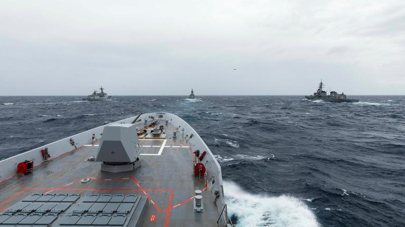 HMAS Brisbane conducts officer-of-the-watch manoeuvres with JS Makinami, ROKS Wang Geon and HMAS Parramatta during Exercise Talisman Sabre 2021. Photo: Leading Seaman Daniel Goodman
