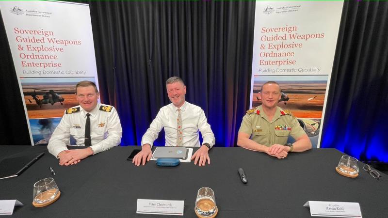 Defence representatives Commodore Nigel Smith, left, Peter Chesworth and Brigadier Haydn Kohl met virtually with industry representatives and academics to discuss the Sovereign Guided Weapons and Explosive Ordnance Enterprise.