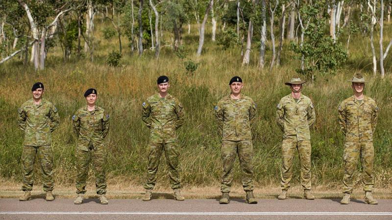 The personnel who helped the injured motorcyclist, from left, Craftsman Michael Fisicaro, Corporal Dannielle Fitzgerald, Trooper Thomas Flemming, Lance Corporal Cameron Taylor, Lieutenant Brock Clarke and Signaller Jarrod O'Brien.
