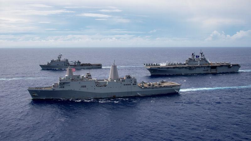 USS America, USS New Orleans and USS Germantown sail in formation in the Indo-Pacific region, heading to Talisman Sabre. Photo: Mass Communication Specialist 3rd Class Jomark Almazan