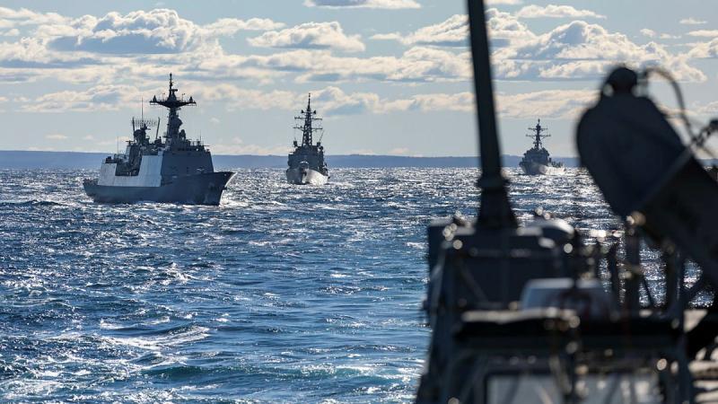 HMAS Brisbane conducts maritime manoeuvres with ships from Japan, South Korea and the US during Exercise Pacific Vanguard. Photo: Leading Seaman Daniel Goodman