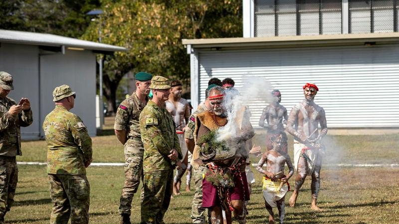 Bindal Elder Uncle Alfred Smallwood welcomes Exercise Talisman Sabre participants to country with a traditional smoking ceremony at Lavarack Barracks, Townsville. Photo: Lauren Larking