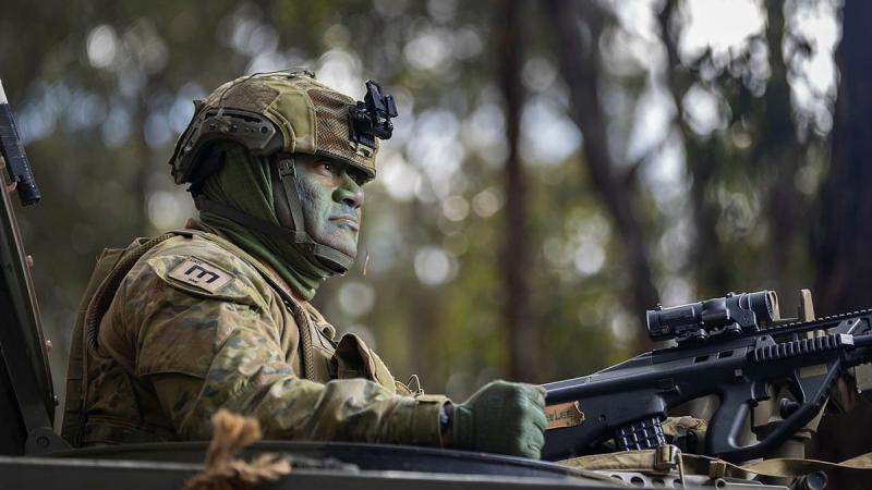 Republic of Fiji Military Forces Lieutenant Viliame Tagivetaua on piquet during Exercise Gauntlet Strike at Puckapunyal Training Area, Victoria. Photo: Corporal Jarrod McAneney 