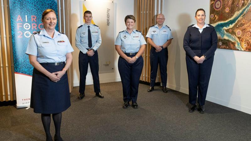 The Air Force team helping keep international freight moving Air Vice Marshal Margaret Staib, left, Squadron Leader Chris Ford, Warrant Officer Jodi Peck, Squadron Leader Andrew Lightfoot and Group Captain Louise Burstow. Photo: Sergeant Kirk Peacock