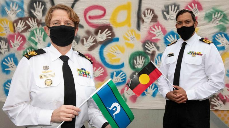 Warrant Officer of the Navy Deb Butterworth, left, and Navy Indigenous Adviser Lieutenant Commander Sam Sheppard at a NAIDOC Week event at Woden, ACT. Photo: Petty Officer Bradley Darvill