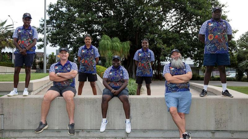 Sifora Durrurrnga, Chief Petty Officer Tony Thomas, Cerlene Budden, Nellie Garrawurra, Leonora Rogers, Trevor Collins and Solomon Tapau at the Navy Indigenous Development Program graduation in Cairns. Photo: Petty Officer Bradley Darvill