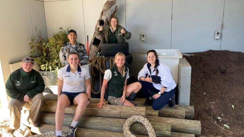 Leading Seaman Edson Tango-Sella, Petty Officer Jessica Fisher, Leading Seaman Lara Pilton and Taronga zoo keepers with the equipment donated by HMAS Watson Photo: Steph Kula