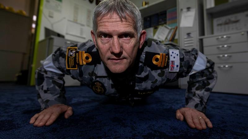 Lieutenant Shaun Logan, from Navy Engineering Systems Centre – Stirling, WA, took part in the 2021 Push-Up Challenge for mental health awareness. Photo: Leading Seaman Ronnie Baltoft