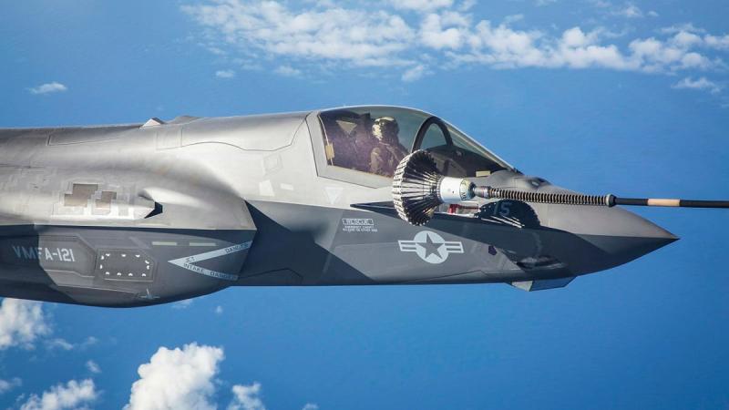 A United States Marine Corps F-35B Lightning II aircraft connects to a RAAF KC-30A multi-role tanker transport aircraft refuelling hose during an air to air refuelling sortie on Exercise Talisman Sabre 21. Photo: Sergeant Ben Dempster