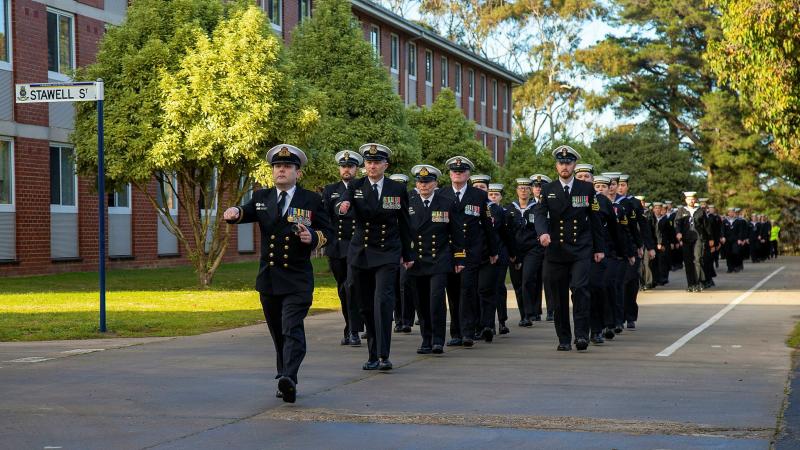 Members of the Defence Force School of Signals - Maritime Wing march through the streets of HMAS Cerberus during celebrations to mark 100 years of communications training. Photo: Petty Officer James Whittle