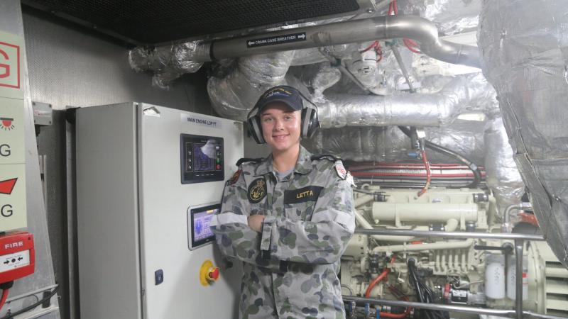 Able Seaman Briana Letta in the engine room of Australian Defence Vessel Cape Inscription while deployed on Operation Resolute.