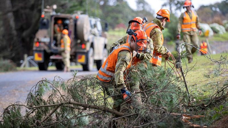Army personnel from the 22nd Engineer Regiment and the 4th/19th Prince of Wales’s Light Horse Regiment clear a fallen tree branch in Carrajung, Victoria. Photo: Corporal David Cotton