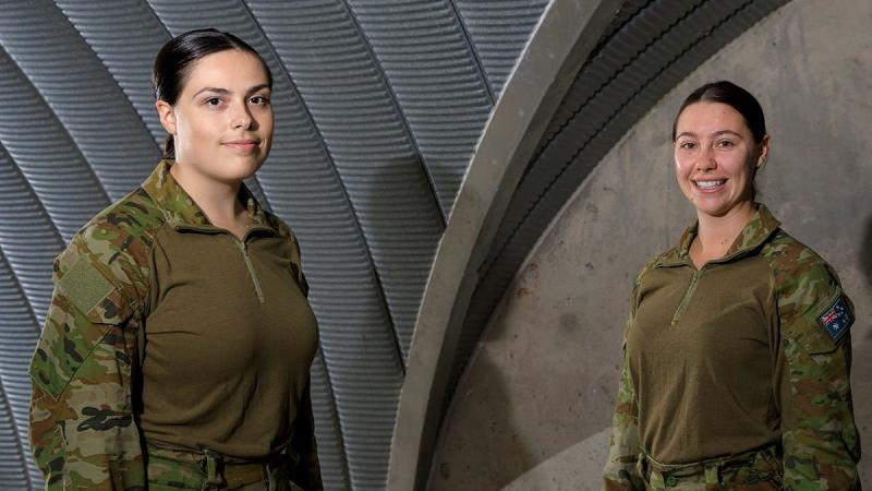 Aircraftwomen Alese Clark, left, and Maeghan Lewis inside the base command post bunker at RAAF Base Scherger. Photo: Corporal Brett Sherriff