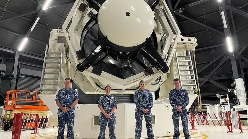 Air surveillance operators from No. 1 Remote Sensor Unit Flight Sergeant Peter Merritt, left, Sergeant Emma Barker, Leading Aircraftwoman Amy Clements and Leading Aircraftman Corey Tuddenham at the Air Force’s space surveillance telescope in WA.