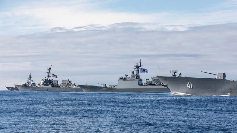 HMAS Brisbane,  JS Makinami, ROKS Wang Geon and  USS Rafael Peralta sail in company during Exercise Pacific Vanguard. Photo: Leading Seaman Daniel Goodman